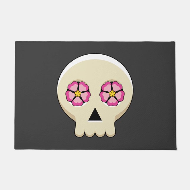 Creepy Cute Kawaii Goth Skull with Flowers Doormat (Front)