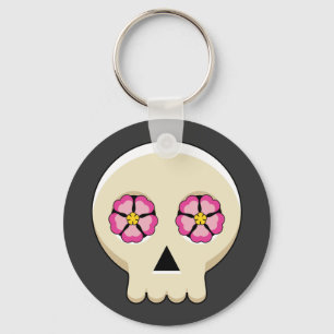 Creepy Cute Kawaii Goth Skull with Flowers Key Ring