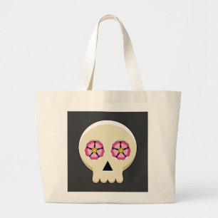 Creepy Cute Kawaii Goth Skull with Flowers Large Tote Bag