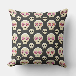 Creepy Cute Kawaii Goth Skull with Flowers Pattern Cushion