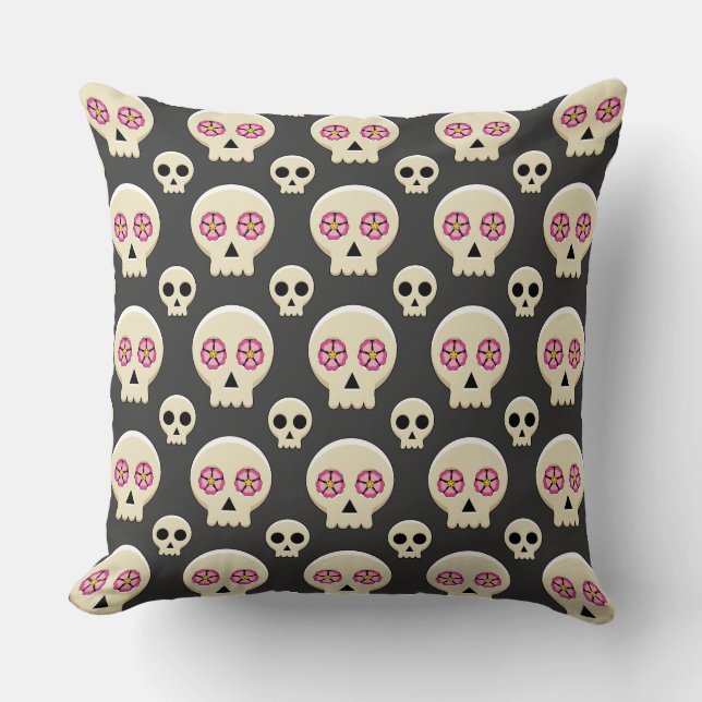 Creepy Cute Kawaii Goth Skull with Flowers Pattern Cushion (Front)