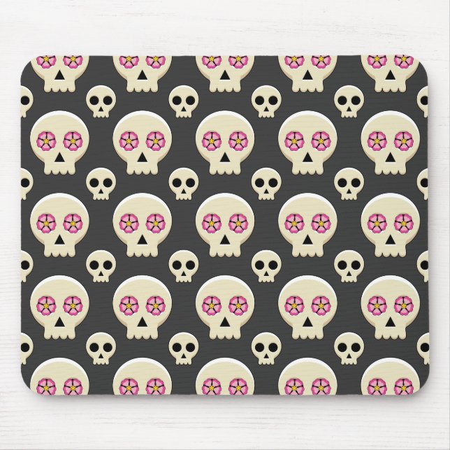 Creepy Cute Kawaii Goth Skull with Flowers Pattern Mouse Mat (Front)
