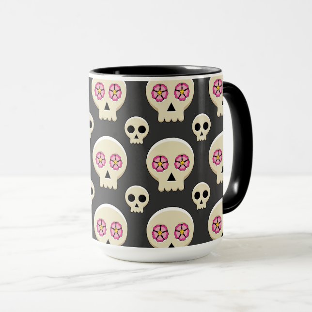 Creepy Cute Kawaii Goth Skull with Flowers Pattern Mug (Front Right)