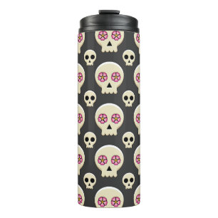 Creepy Cute Kawaii Goth Skull with Flowers Pattern Thermal Tumbler
