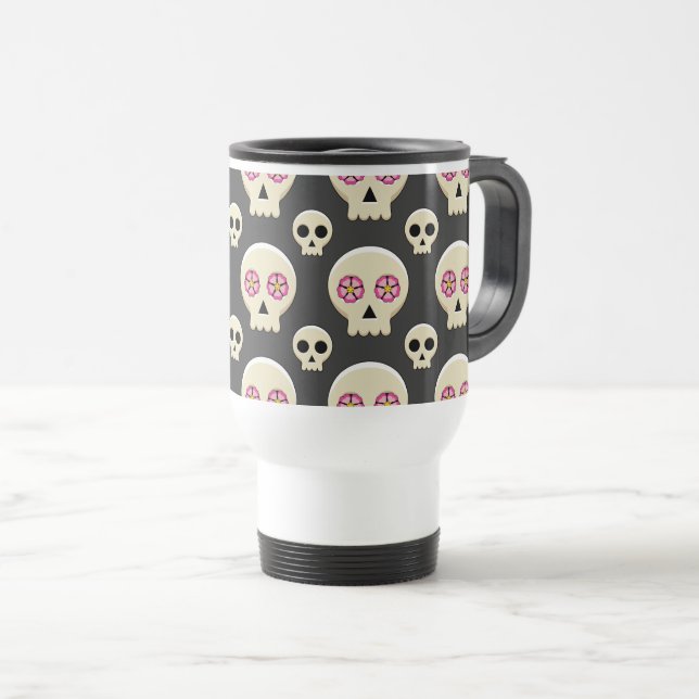 Creepy Cute Kawaii Goth Skull with Flowers Pattern Travel Mug (Front Right)
