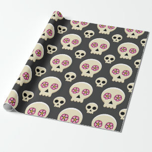 Creepy Cute Kawaii Goth Skull with Flowers Pattern Wrapping Paper