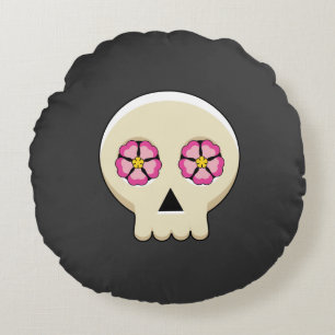 Creepy Cute Kawaii Goth Skull with Flowers Round Cushion