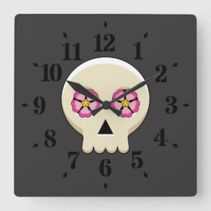 Creepy Cute Kawaii Goth Skull with Flowers Square Wall Clock