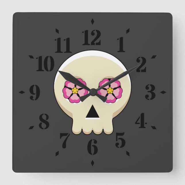 Creepy Cute Kawaii Goth Skull with Flowers Square Wall Clock (Front)