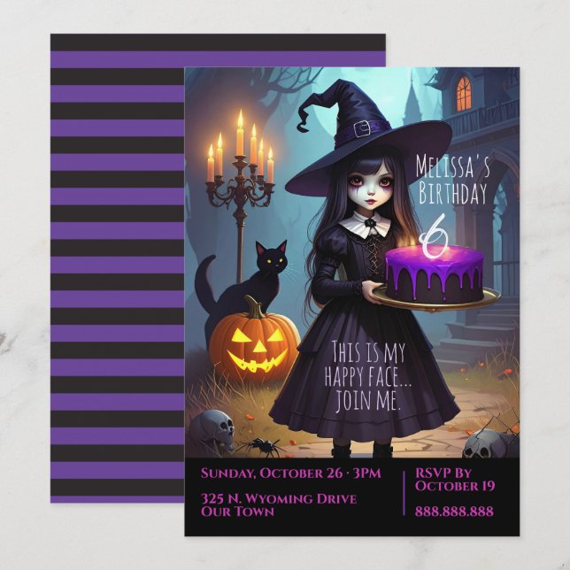 Creepy Cute, Purple Witch Birthday, Gothic Theme Invitation (Front/Back)