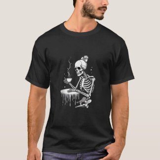 Creepy Cute Skeleton Drinking Coffee Funny Gothic  T-Shirt