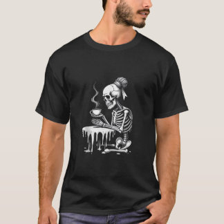 Creepy Cute Skeleton Drinking Coffee Funny Gothic  T-Shirt