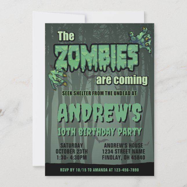 Creepy Dark Green Zombie Birthday Party Invitation (Front)