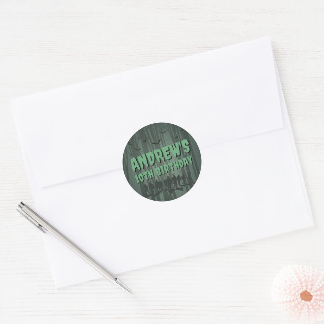 Creepy Dark Green Zombie Happy Birthday Party Classic Round Sticker (Envelope)