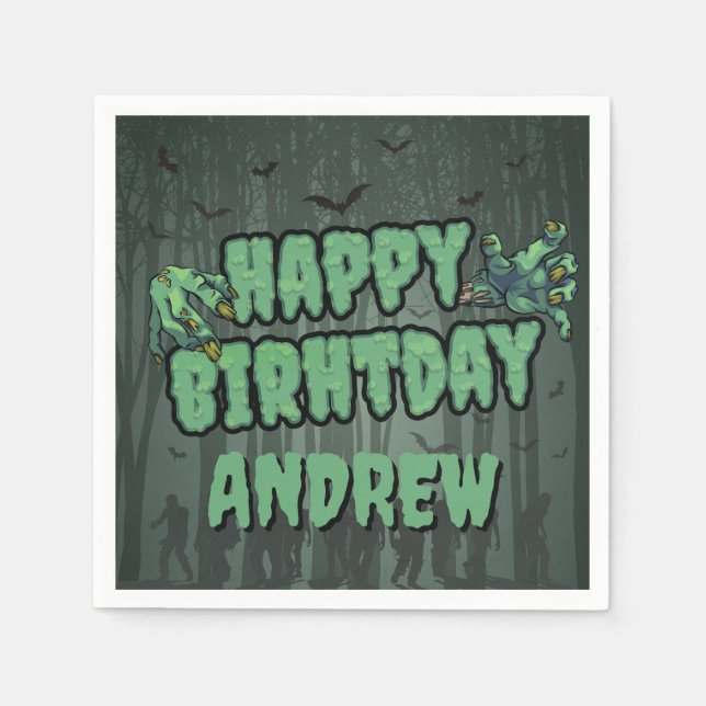 Creepy Dark Green Zombie Happy Birthday Party Napkin (Front)