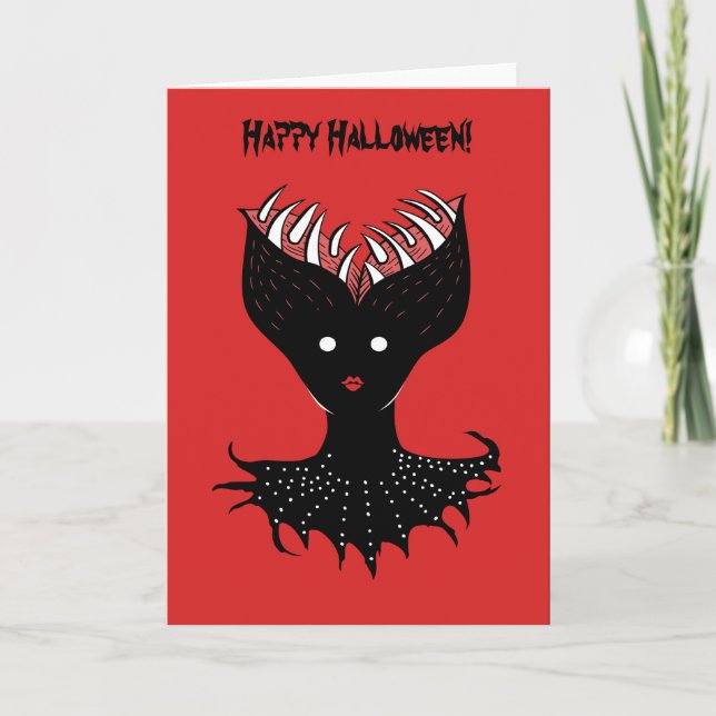 Creepy Demon Girl Teeth Brain Happy Halloween Card (Front)
