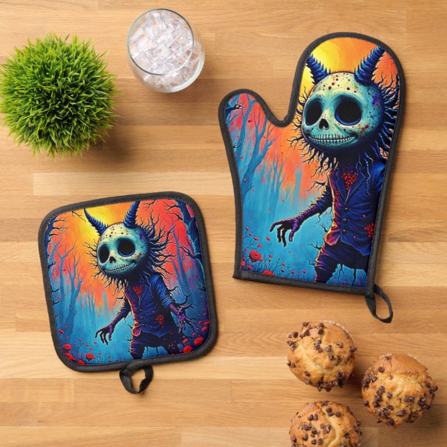 Creepy Demon in Spooky Woods Design Oven Mitt & Pot Holder Set (Top Down)