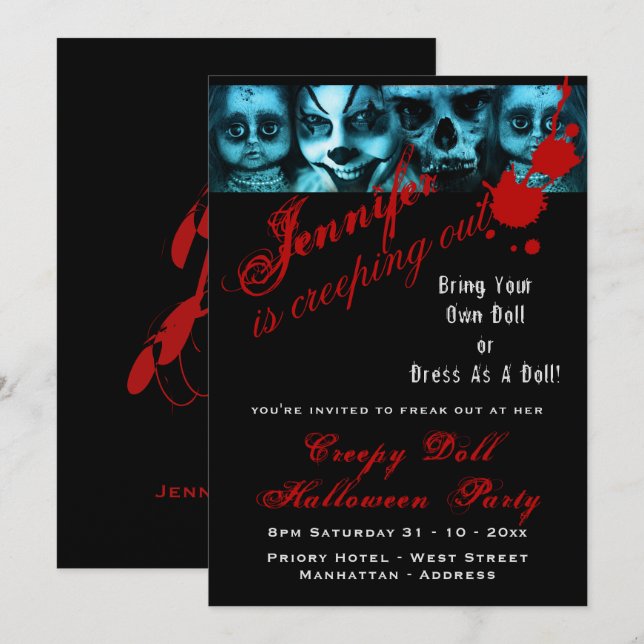 Creepy Doll Costume Party Halloween Evil Scary Invitation (Front/Back)