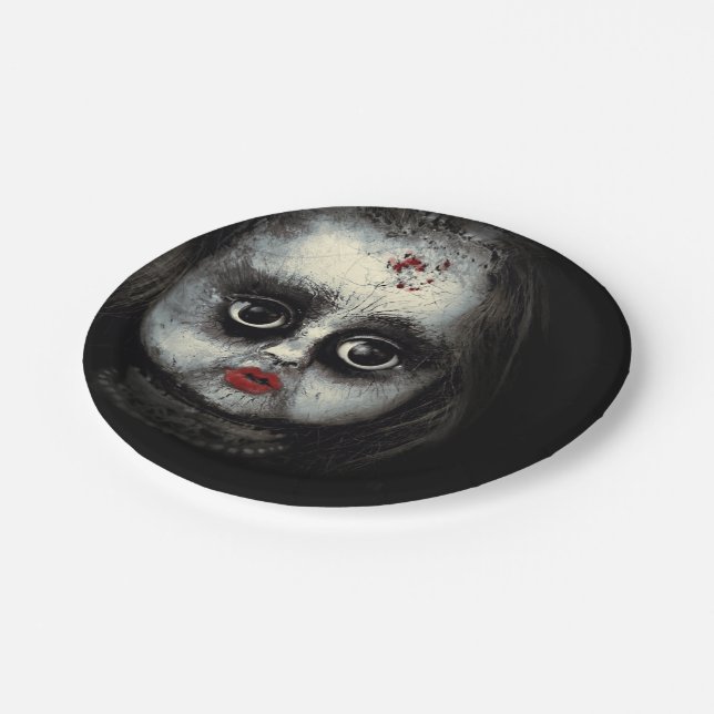 Creepy Doll Haunted Halloween Paper Plate (Angled)