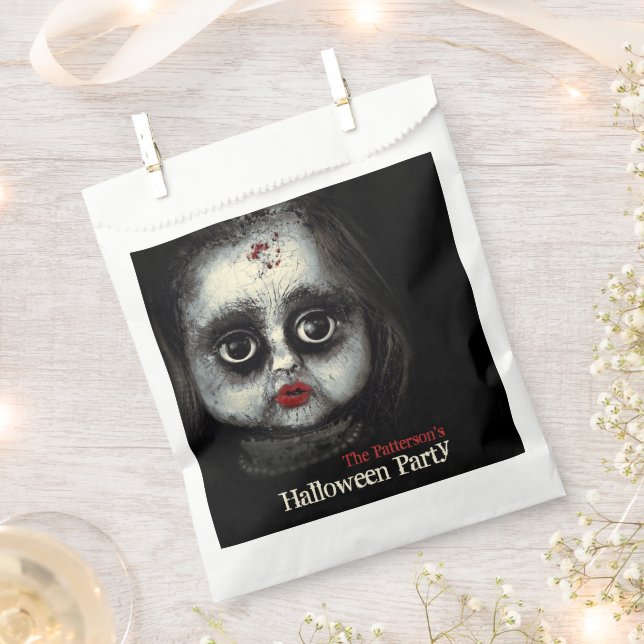 Creepy Doll Haunted Halloween Party with Name Favour Bags (Clipped)