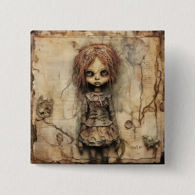 Creepy Doll with Pink Bow 15 Cm Square Badge (Front)