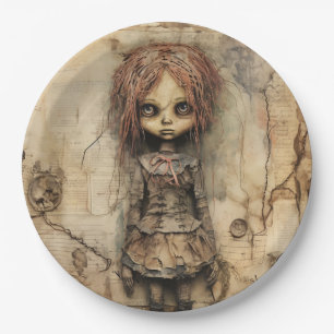 Creepy Doll with Pink Bow Paper Plate