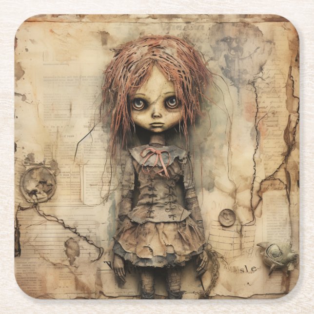 Creepy Doll with Pink Bow Square Paper Coaster (Front)