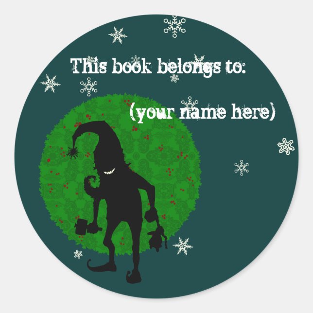 Creepy elf bookplate, dark classic round sticker (Front)