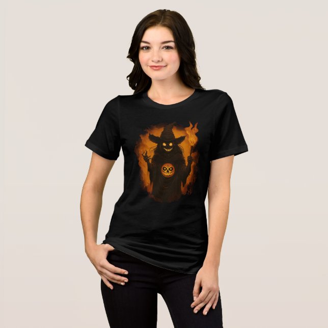 Creepy Fiery Witch Halloween Art Tri-Blend Shirt (Front Full)