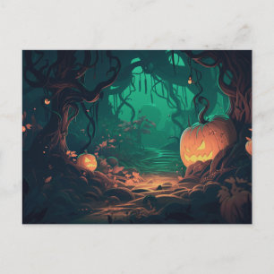Creepy Forest with Jack-O' Lanterns Halloween Holiday Postcard