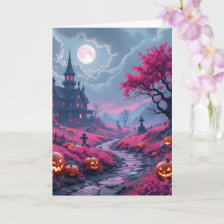 Creepy Fuchsia halloween mansion Card