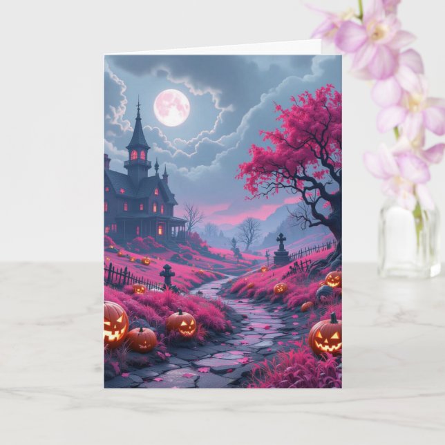  Creepy Fuchsia halloween mansion Card (Orchid)