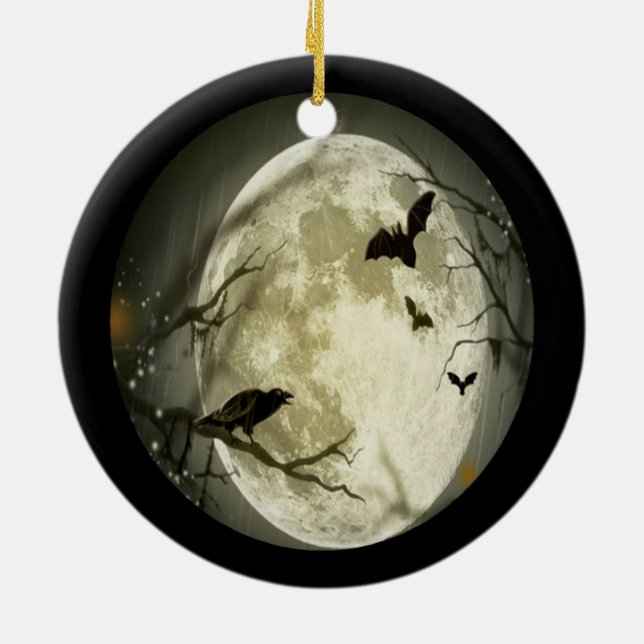 Creepy Full Moon with Birds Ceramic Tree Decoration (Back)