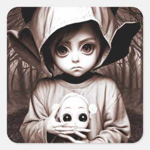 Creepy Girl Big Eyed Chibi Doll Square Sticker