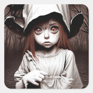Creepy Girl Big Eyed Chibi Halloween Square Sticker