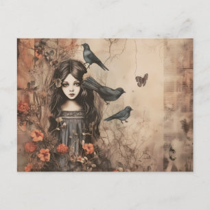 Creepy Girl with Black Birds and Flowers Halloween Holiday Postcard