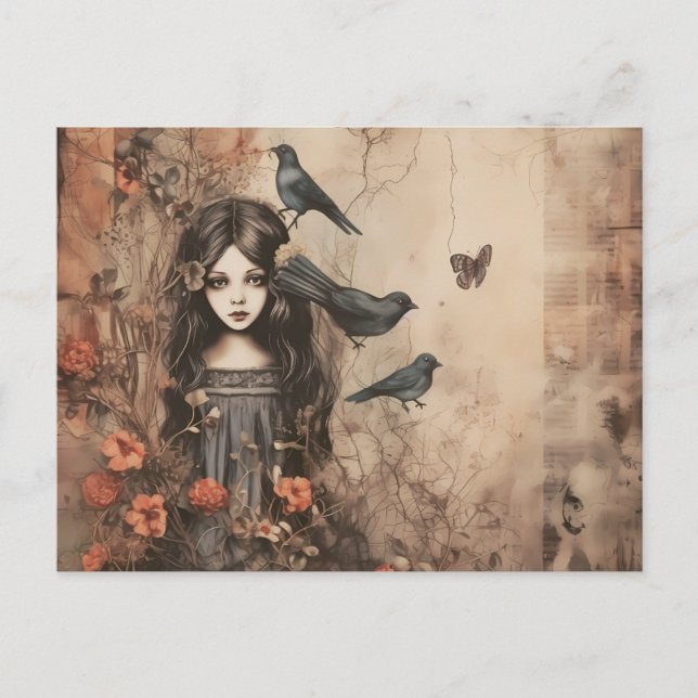 Creepy Girl with Black Birds and Flowers Halloween Holiday Postcard (Front)