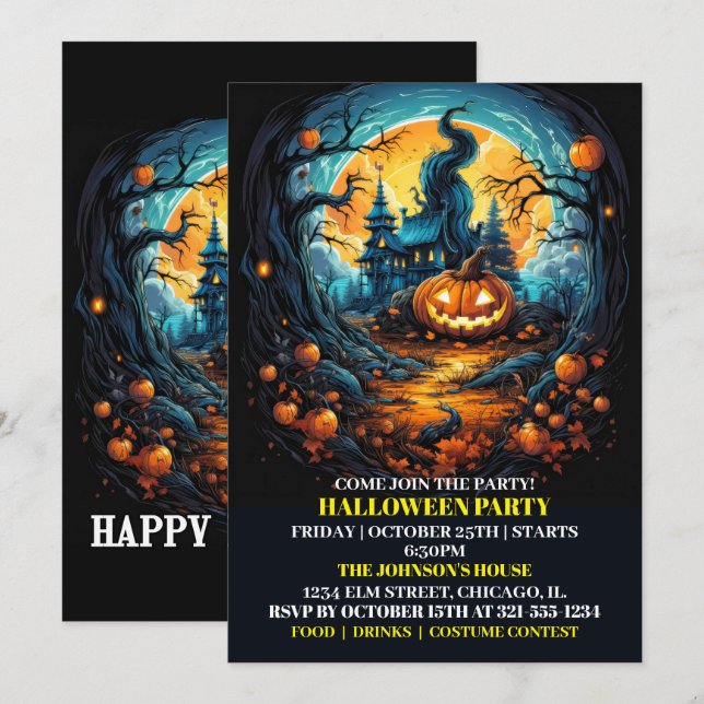 Creepy Glowing Pumpkin Halloween Party Invitations (Front/Back)