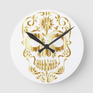 Creepy Gold Skeleton Face Wall Clock