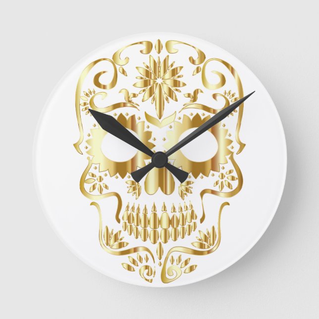 Creepy Gold Skeleton Face Wall Clock (Front)