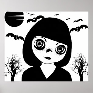 Creepy Goth Child Bats moon Halloween Art Poster