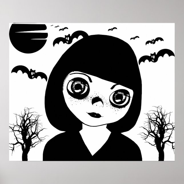 Creepy Goth Child Bats moon Halloween Art Poster (Front)