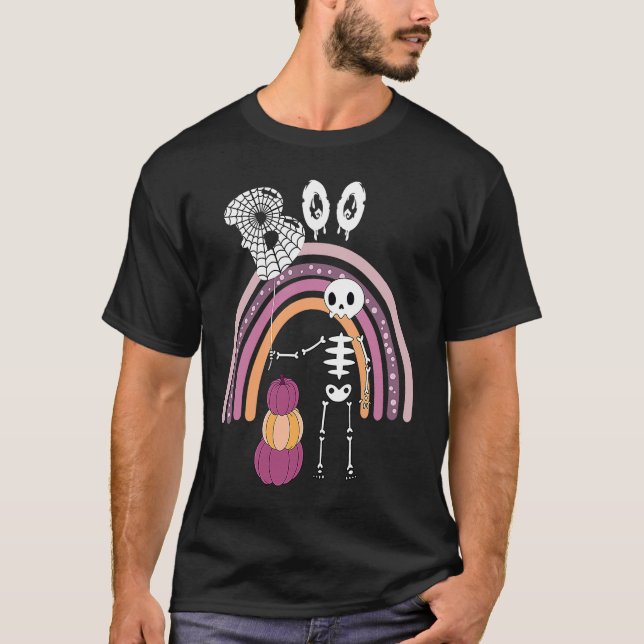 Creepy Goth Halloween  Boo Skeleton Pastel Rainbow T-Shirt (Front)