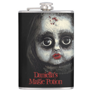Creepy Goth Porcelain Doll Halloween Horror Hip Flask