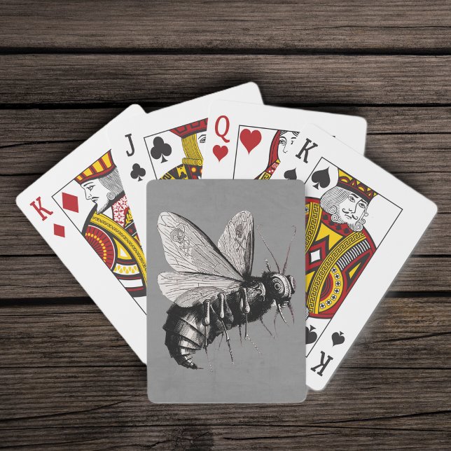Creepy Gothic Bee Skull Wings Insect Playing Cards (Creepy black white bee with skull crossbones on wings on grey deck of playing cards.)