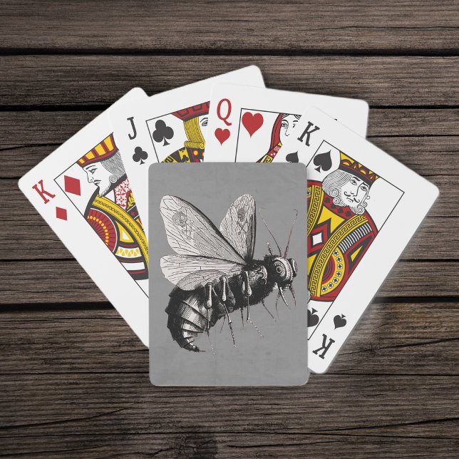 Creepy Gothic Bee Skull Wings Insect Playing Cards (Scary Goth bee in black white with skulls on wings on dark grey deck of playing cards.)
