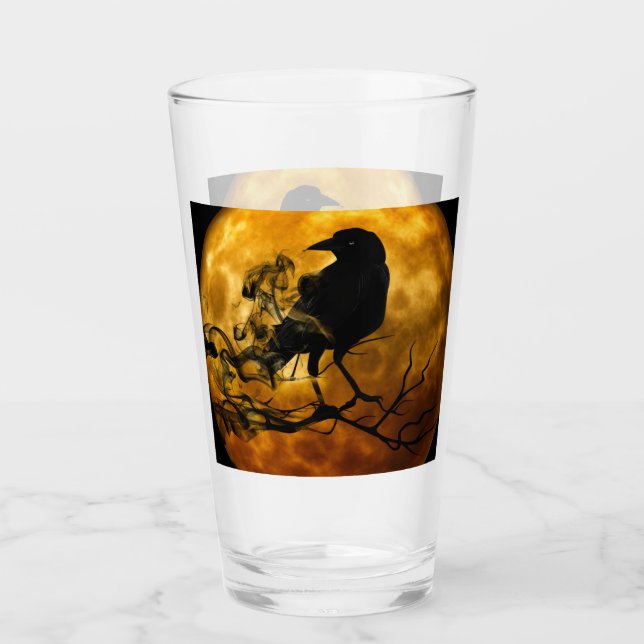 Creepy Gothic Black Raven and Moon Halloween Glass (Front)