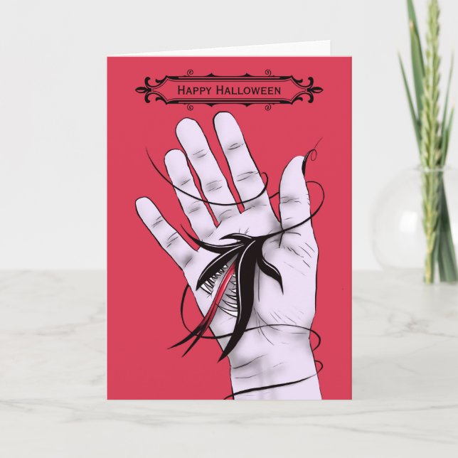 Creepy Gothic Hand Biting Monster Halloween Card (Front)