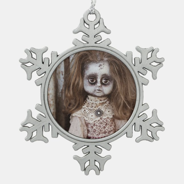 Creepy Gothic Porcelain Doll Victorian Goth Snowflake Pewter Christmas Ornament (Front)