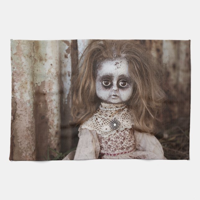 Creepy Gothic Porcelain Doll Victorian Goth Tea Towel (Horizontal)
